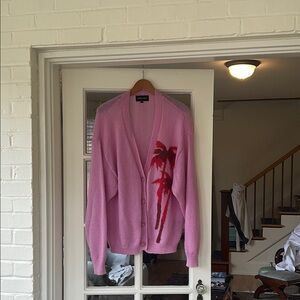 Vibrant Pink Cardigan with Red Palm Design